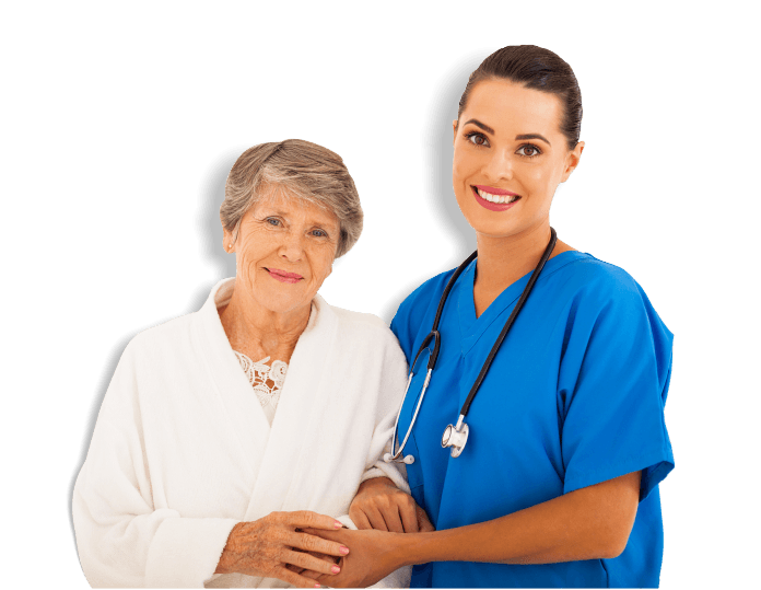 A girl wearing a blue dress doing eldercare service of a old woman with white dress